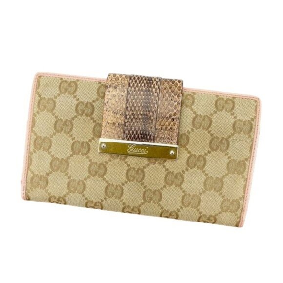 Gucci GG Tan Canvas Python Strap and Pink Trim Continental Wallet / Purse wallet - Picture 1 of 14